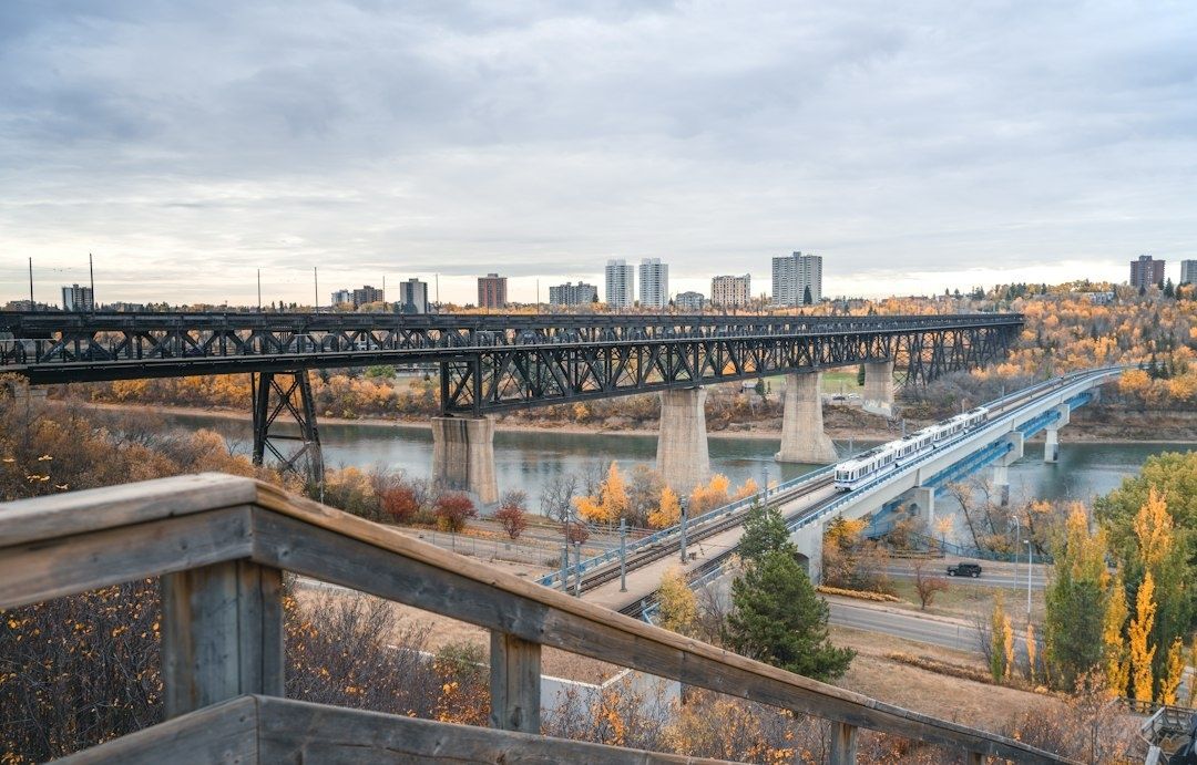 Autumn view of Edmonton bridges, river valley, and LRT train